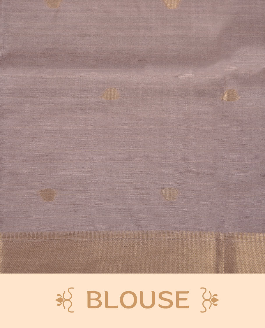 Light Lavender colour semi jamdani tussar silk saree featuring woven Floral kodi & butterfly motifs on the body, complemented by a self colour  without border pallu, paired with a matching blouse.