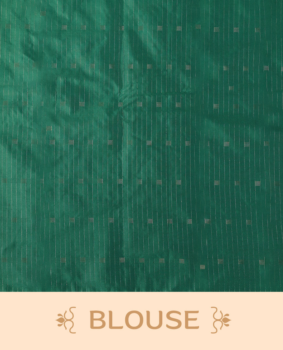 Green Colour semi silk saree showcases delicate square and line motifs all over the body, features a sleek no-border style, and comes with a matching blouse.