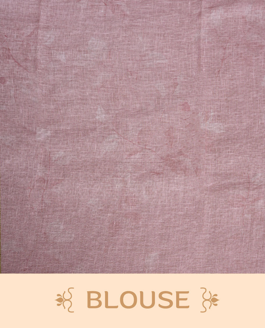 Light pink colour pure linen saree featuring leaf print pattern across body, silver thin border finished with matching blouse.