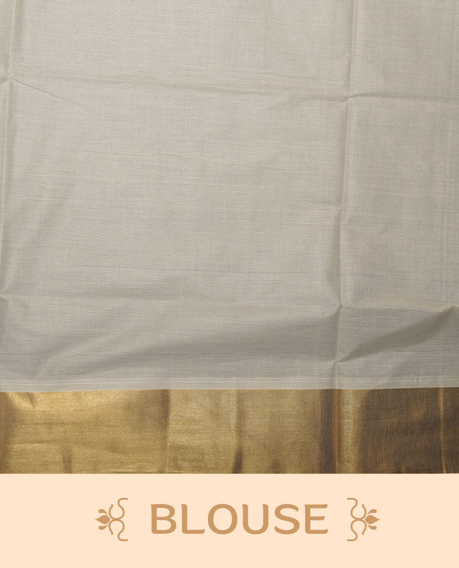 Off-white cotton Kerala saree featuring gold zari buttas, a broad kasavu border, and a traditional pallu, paired with a matching blouse.
