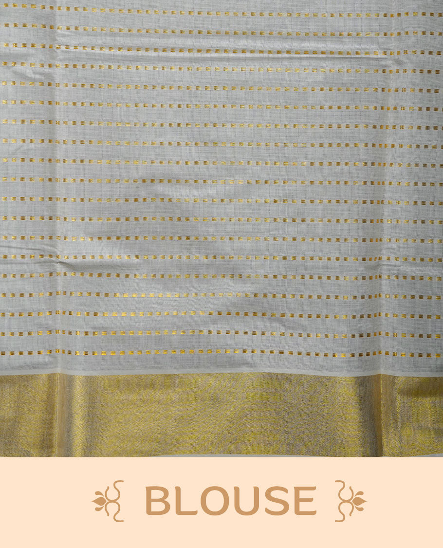 Off white colour cotton Kerala saree featuring fine dotted zari lines on the body, complemented by a classic golden zari border and traditional pallu, paired with a matching blouse.