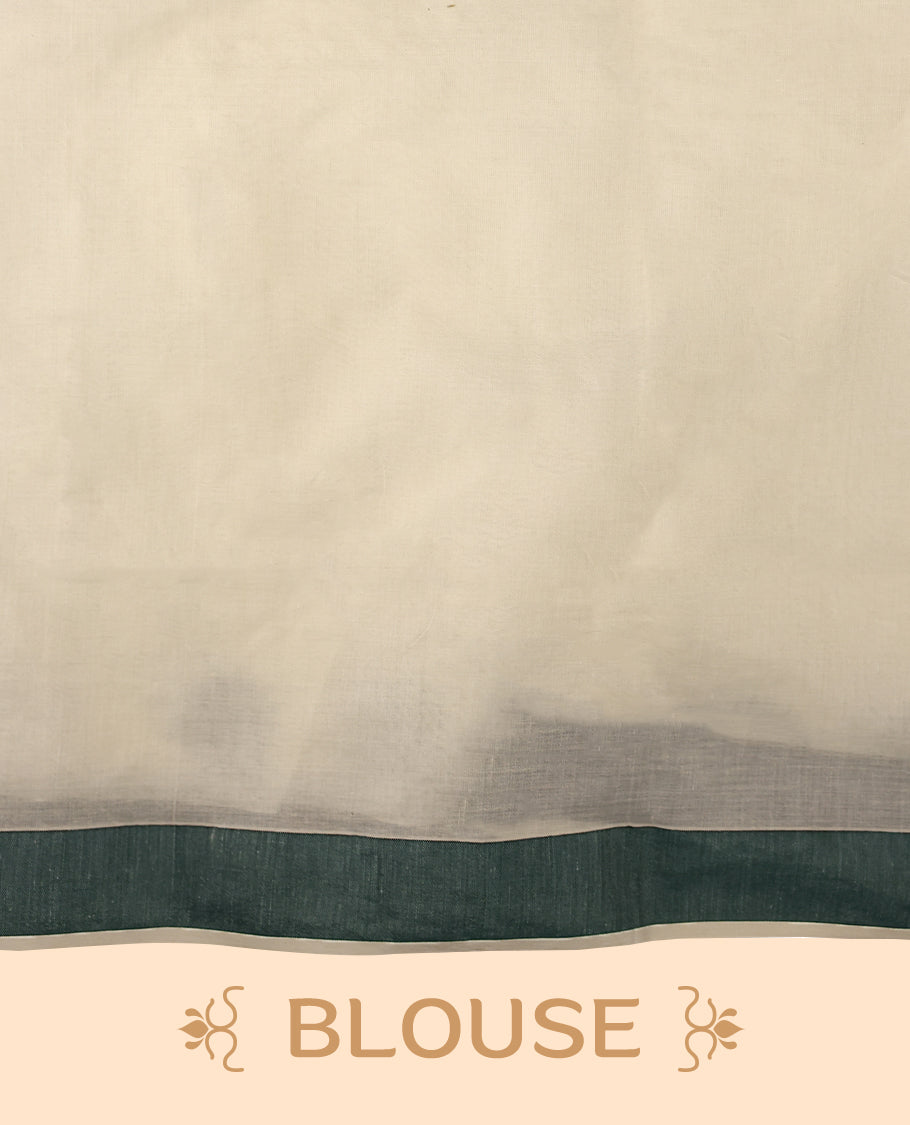 Elegant off white colour cotton Kerala saree featuring Plain body, Green colour border with  Flower Block prints, Paired with matching blouse offering a classic and graceful look