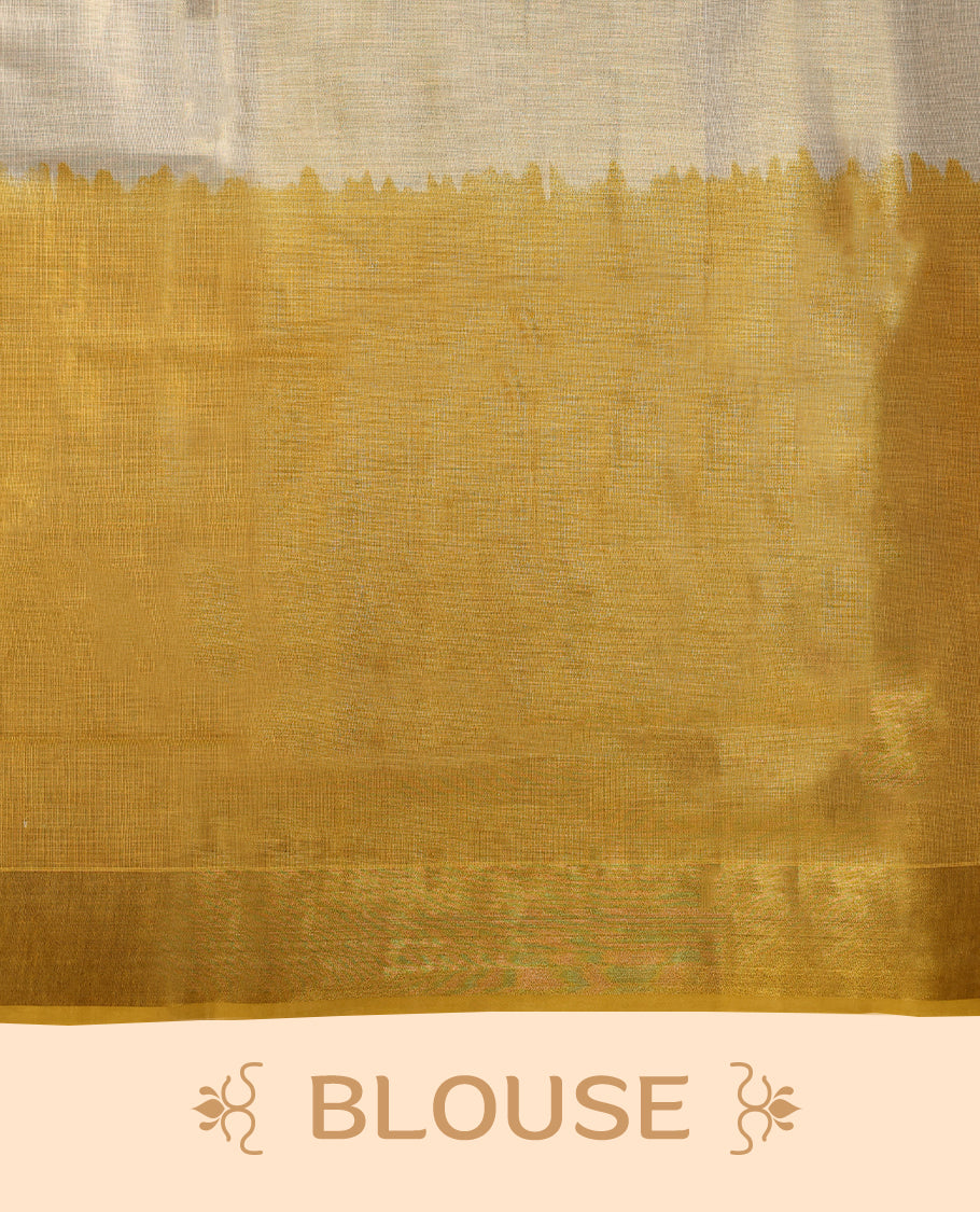 Mustard & Light Gold colour Tissue Kerala saree featuring Bold Floral Printed body and traditional golden zari kasavu border offering a classic and graceful look, paired with a matching blouse.