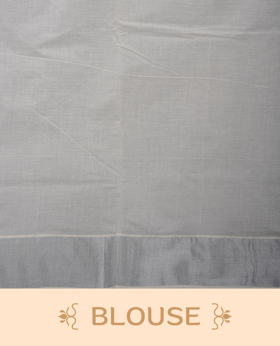 Off-white colour cotton Kerala saree featuring a subtle silver kasavu border, adorned with elegant black peacock motifs across the body and pallu, finished with a coordinated blouse for a refined, contemporary look.