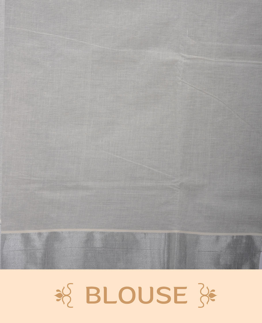 Off-white colour cotton Kerala saree featuring a subtle silver kasavu border, adorned with classic black peacock motifs across the body and pallu, and paired with a matching blouse.