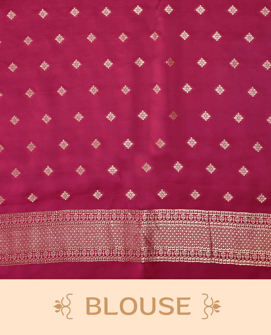 Magenta colour pure Banaras crepe saree showcases elegant Gold zari Flower Motifs all over the body, a traditional gold & Silver zari border, a rich intricately woven pallu, and comes with a matching blouse.