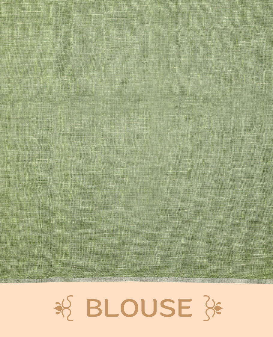 Pastel green colour pure linen saree adorned with delicate stripe patterns all over the body, highlighted with a simple white border and comes with a matching blouse