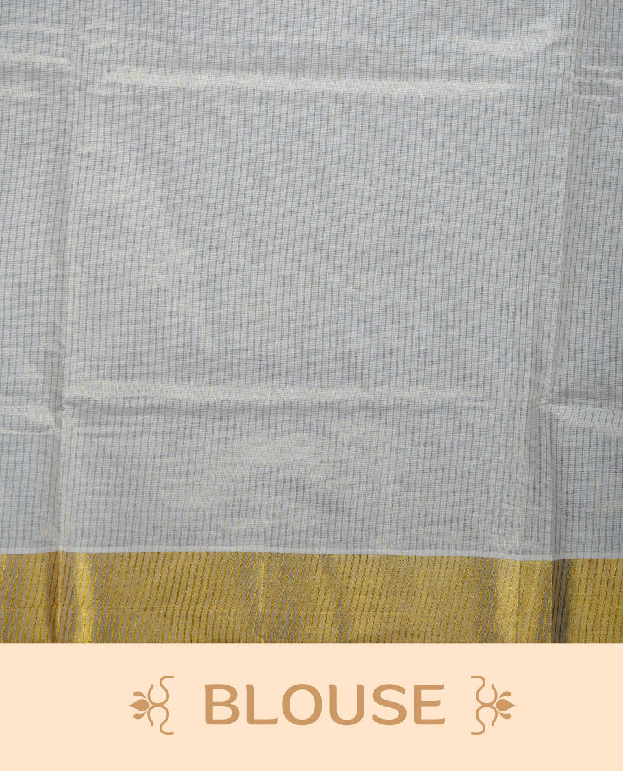 Off white colour Kerala cotton saree featuring fine golden stripes, complemented by a classic zari border and traditional pallu, paired with a matching blouse.