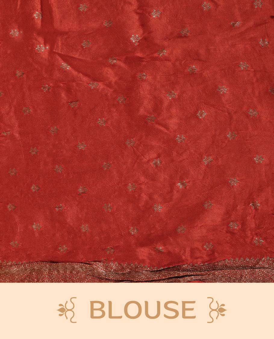 Reddish orange colour Banarasi Bandhani silk saree featuring with intricate Banarasi motifs on body, complemented by antique zari woven border and grand pallu, paired with matching  blouse