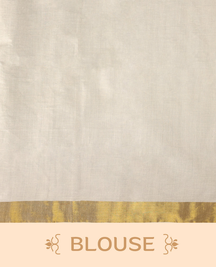Elegant Off White Colour Kerala Cotton Saree adorned with hand painted floral motifs in earthy tones,Highlighted with a classic Gold Kasavu border and matching blouse, perfect for festive and traditional occasions.