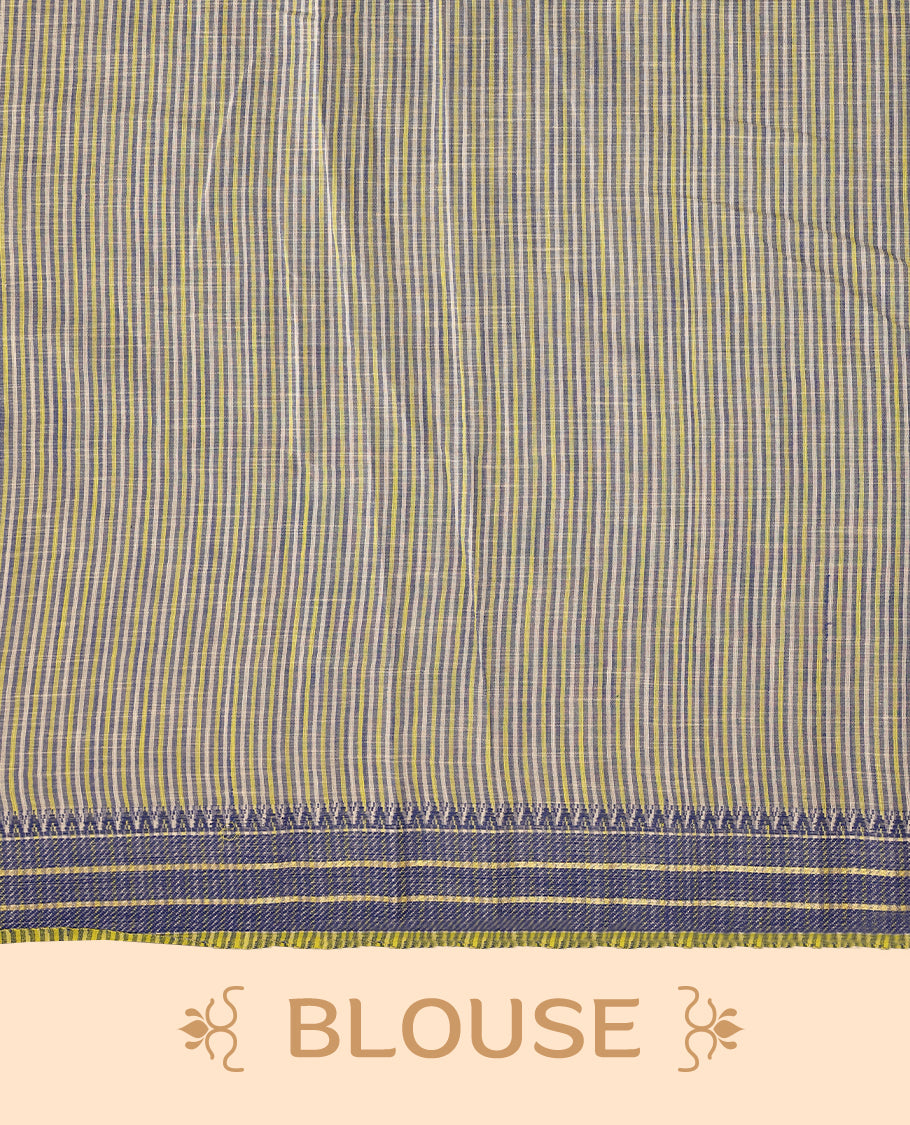 Off-white Colour lightweight khadi cotton saree featuring earthy-coloured digital floral kodi prints on the body and pallu, accented with a Blue border paired with a matching blouse.