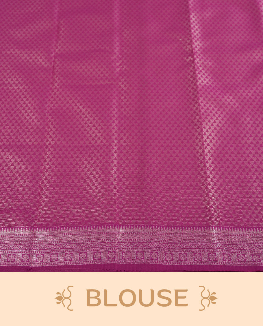 Peach colour Semi Silk Saree with Silver Zari Butta Motifs, Contrasting Magenta Zari Woven Pallu and Border Featuring Intricate Floral Patterns and Tassels, Paired with Coordinated Blouse Piece