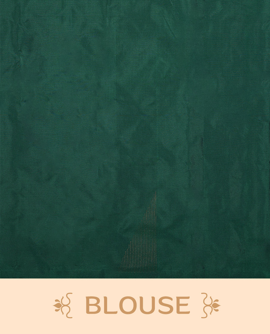 Bottle green Colour semi silk saree features a minimalistic geometric woven body design, a sleek plain border, and comes with a matching blouse.