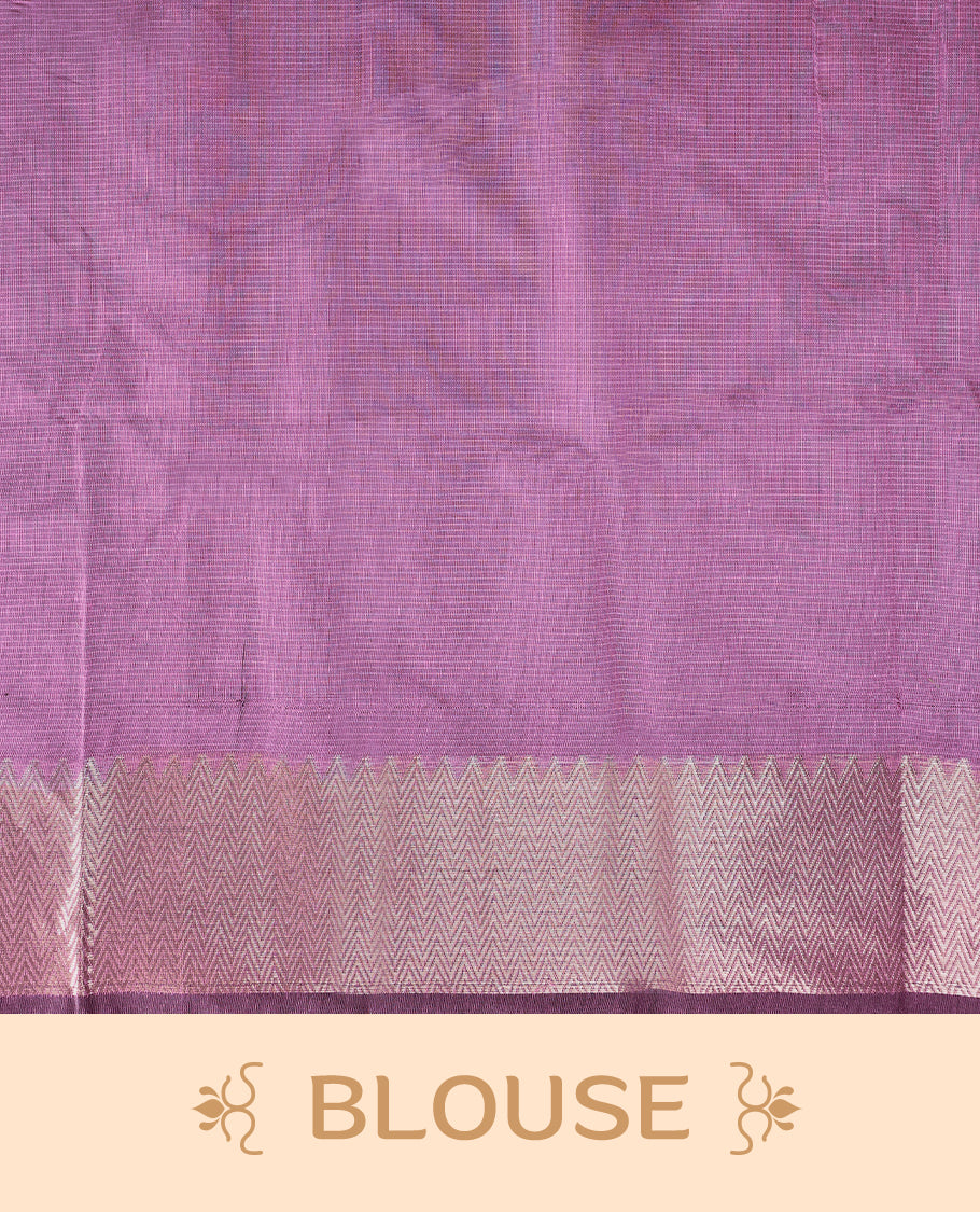 Pastel Purple colour Chanderi cotton saree adorned with delicate Golden Flower motifs on the body, paired with a traditional Mangalagiri style golden zari border with matching blouse.