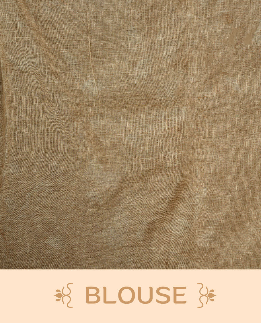Beige colour pure linen saree featuring leaf print pattern across body, silver thin border finished with matching blouse.