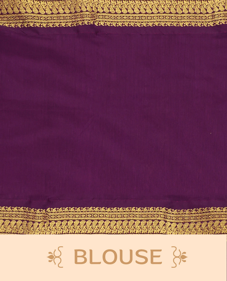 Mustard Yellow colour Kalyani cotton saree featuring woven maroon butta motifs throughout the body, paired with a rich Purple colour traditional zari woven border and pallu, with matching blouse.