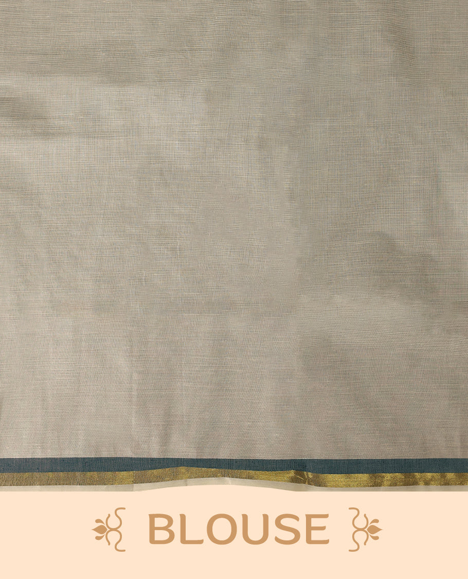 Elegant off white colour cotton Kerala saree featuring a plain body and traditional golden zari border with a hint of Midnight Blue, offering a classic and graceful look, paired with a matching blouse.