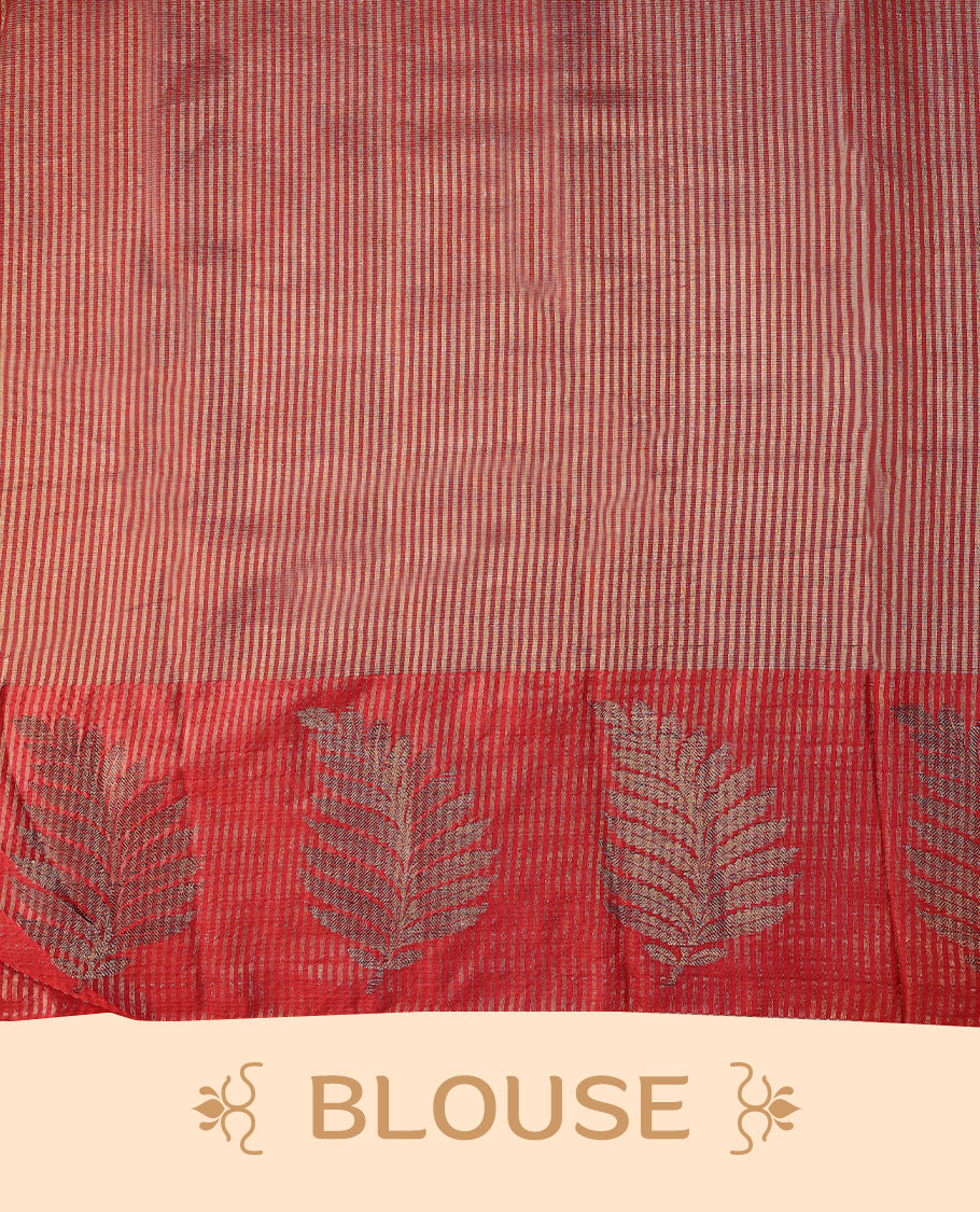 Red Colour Semi Tussar Silk saree featuring golden zari horizontal lines across the body, adorned with bold Leaf motifs on the border, paired with a matching blouse.