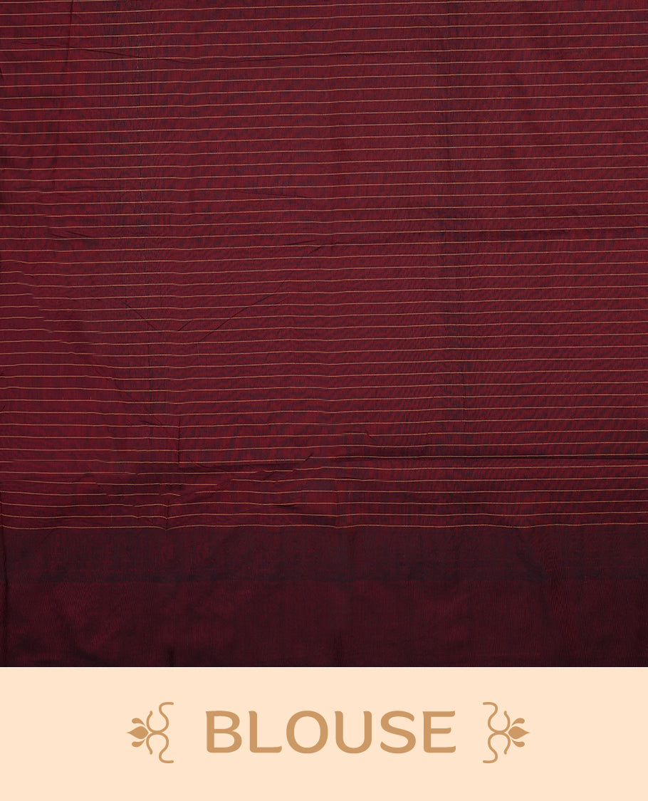 Brighr Mustard colour mixed Kalyani cotton saree featuring Maroon Checks throughout the body, paired with a Maroon colour traditional border and pallu, with matching blouse
