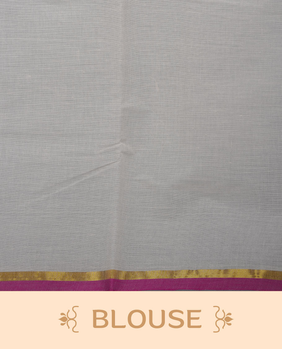 Off-white colour cotton Kerala saree, featuring a classic gold kasavu border highlighted with subtle green and magenta accents, finished with a soft, airy drape and paired with a matching blouse.