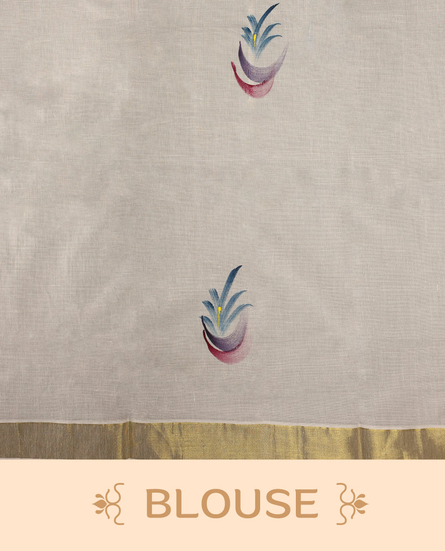Elegant off white colour cotton Kerala saree with multicolor hand painted floral motifs on the pallu, scattered buttas on the body, and a golden zari border, blending traditional charm with artistic elegance.