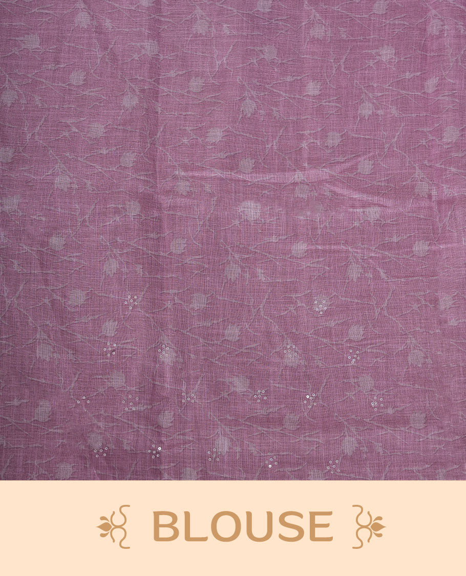 Light Pink colour linen saree featuring Pink colour fade border with floral beats pattern around floral print across body without border, pallu and matching blouse piece.