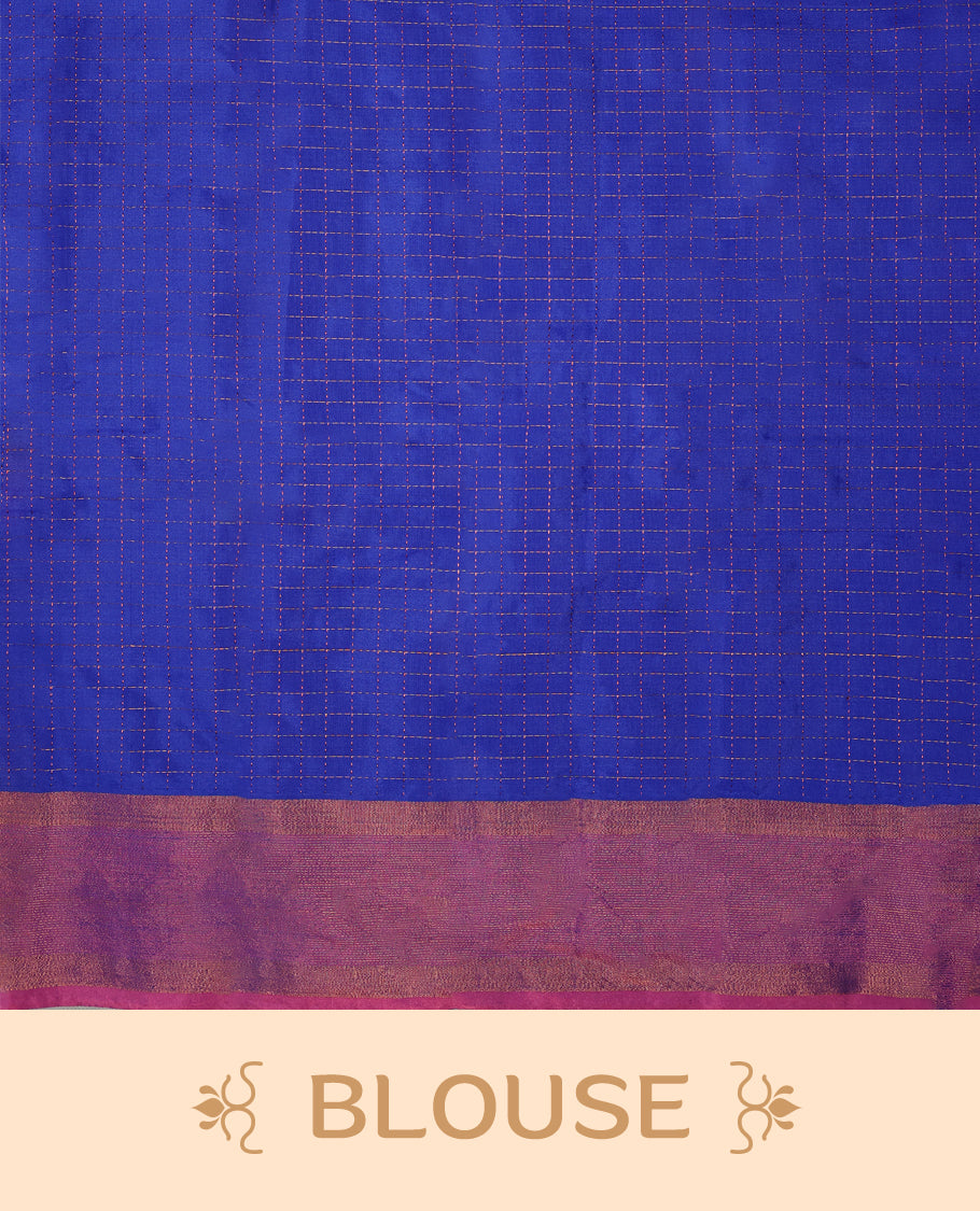 Royal blue Colour body with elegant checks, paired with a vibrant magenta pink zari border, comes with a matching blouse.