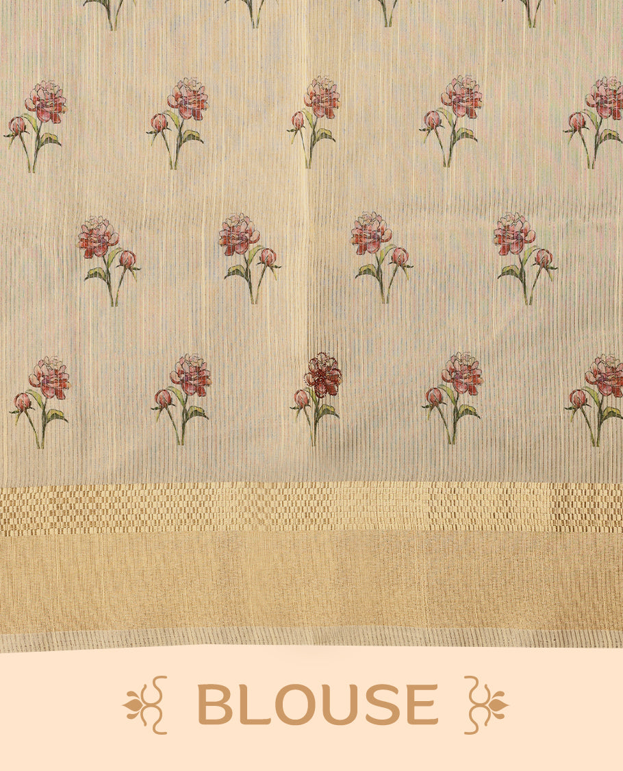 Radiant gold organza Kerala saree adorned with delicate floral Digital Prints, a shimmering zari border and a matching blouse