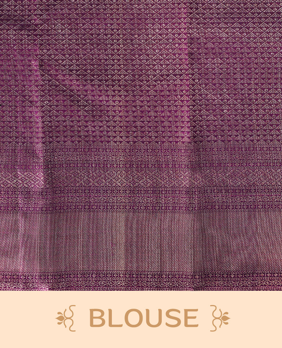 Grape colour pure Kancheepuram brocade silk saree featuring a micro dot brocade body, chattari brocade border, pallu woven with Vangi star design, paired with a matching brocade blouse