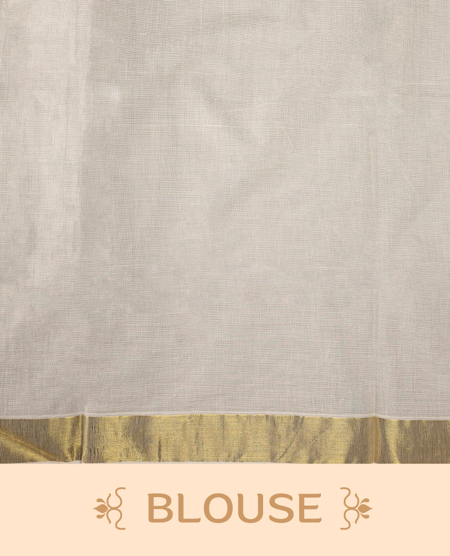 Elegant off white colour cotton Kerala saree with hand-painted peacock feathers and scenic pallu artwork, highlighted by a golden zari border and pallu, paired with a matching blouse for a graceful festive look.