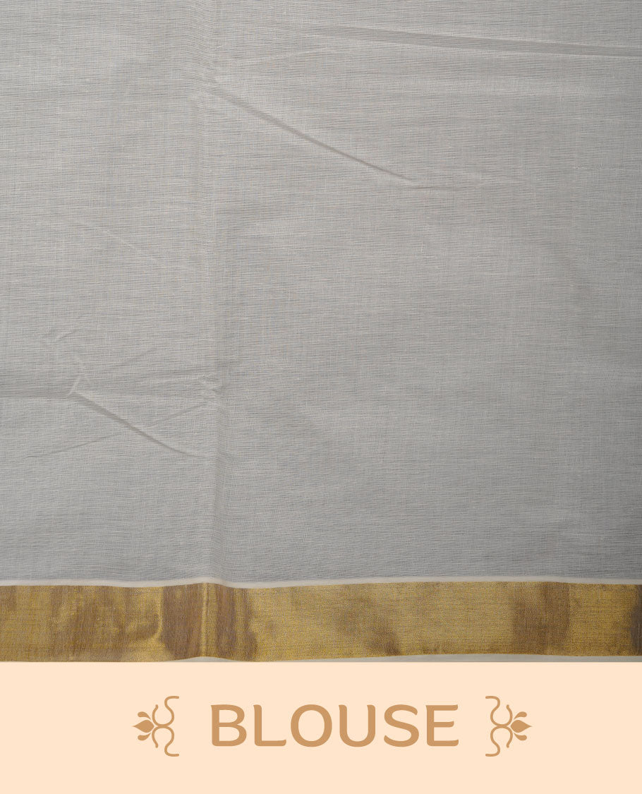 Off-white colour cotton Kerala saree with a classic gold kasavu border, adorned with multi colour floral motifs across the body and pallu, and paired with a matching blouse.