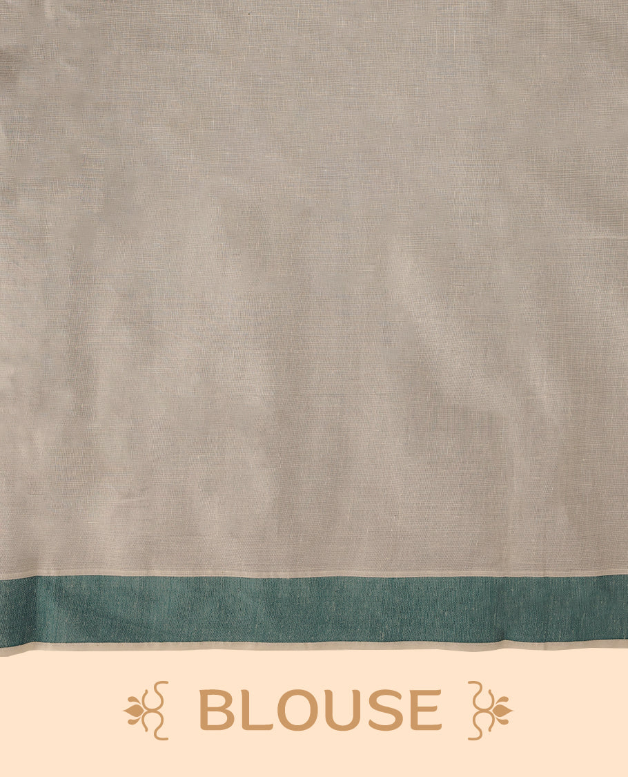 Elegant off white colour cotton Kerala saree featuring Plain body, Deep Aqua Green colour border with temple designs, Paired with matching blouse offering a classic and graceful look