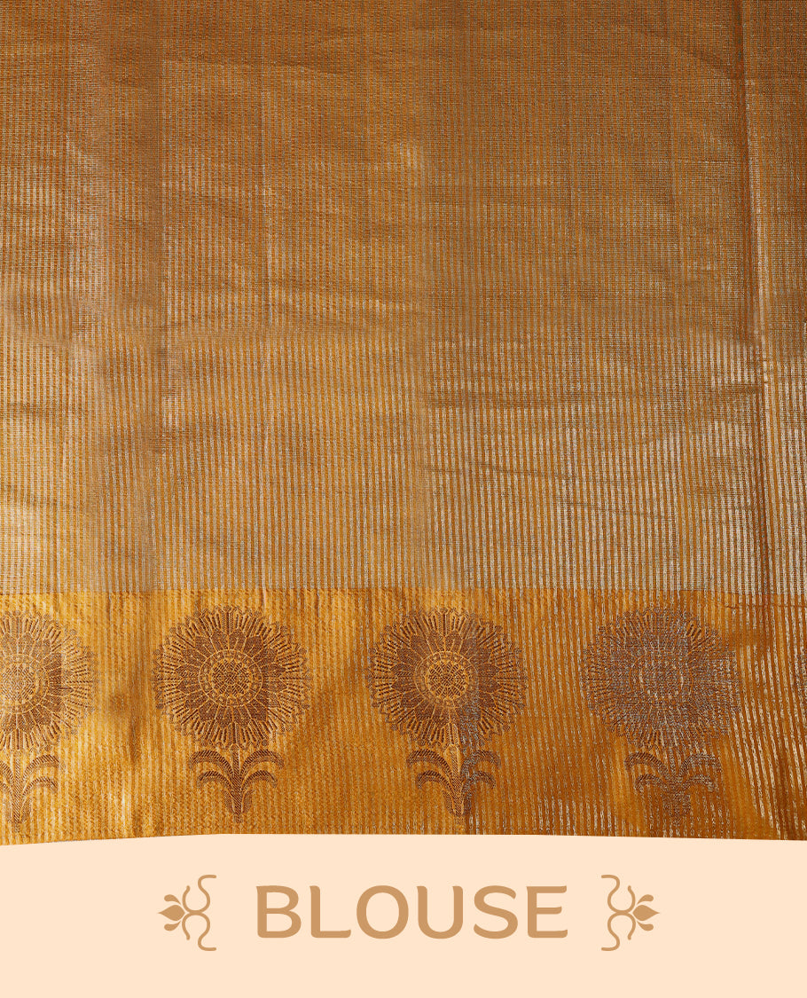 Mustard Colour Semi Tussar Saree showcases intricate Golden zari work on the body and border, paired with a matching blouse