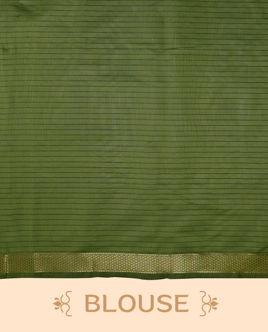 Deep Red colour chanderi cotton saree with fine striped body, mangalgiri border, grand pallu featuring olive Green and gold zari stripes, with matching blouse.