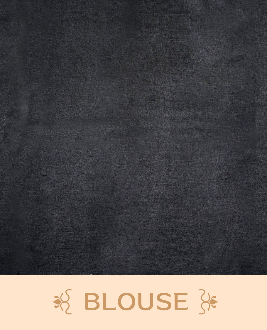 Black colour pure tussar silk light weight saree with full body abstract floral print, no defined border and pallu, paired with matching abstract printed blouse.