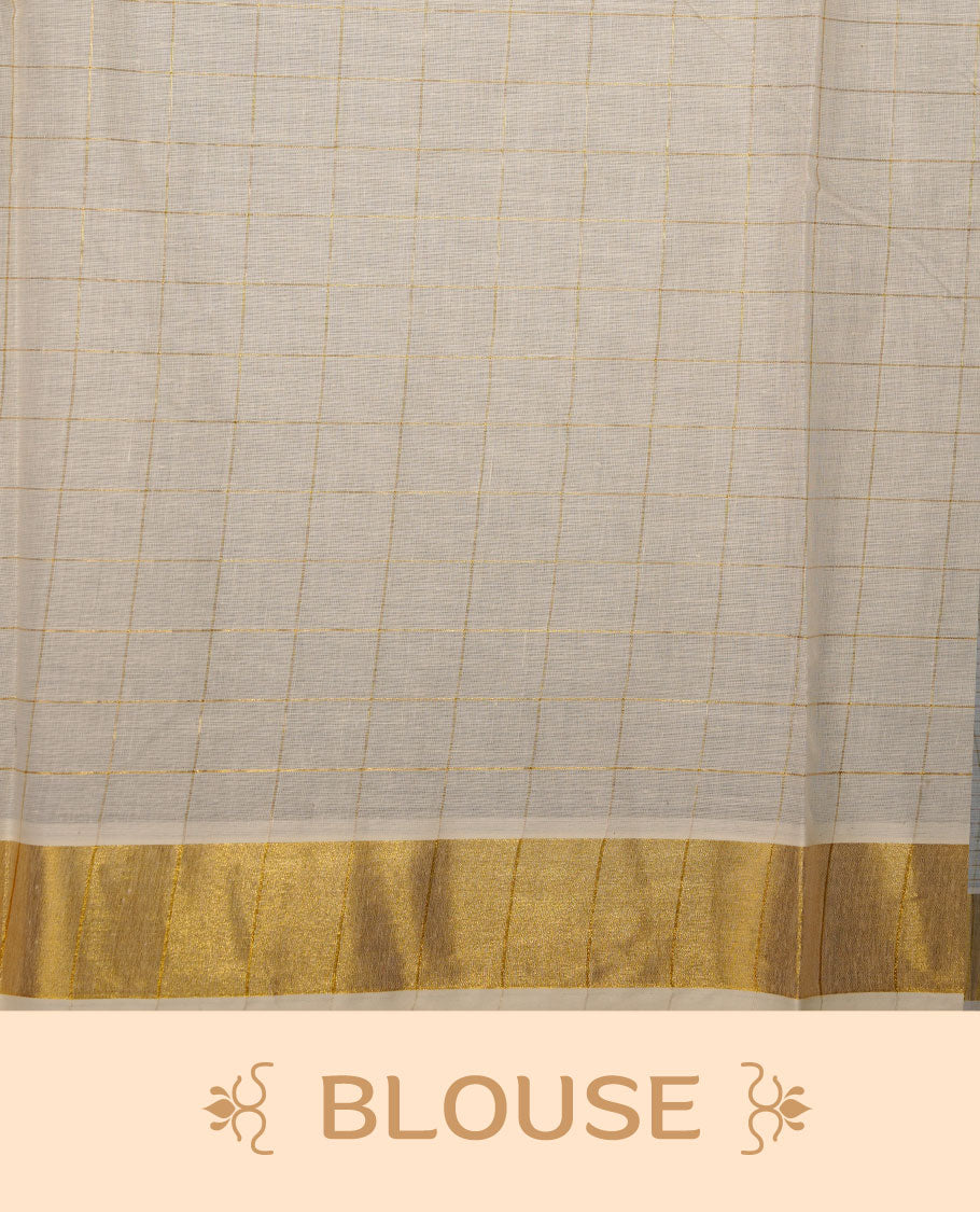 Off-white colour cotton Kerala saree featuring a classic gold kasavu border, highlighted by subtle woven check patterns across the body and pallu, and paired with a matching blouse.
