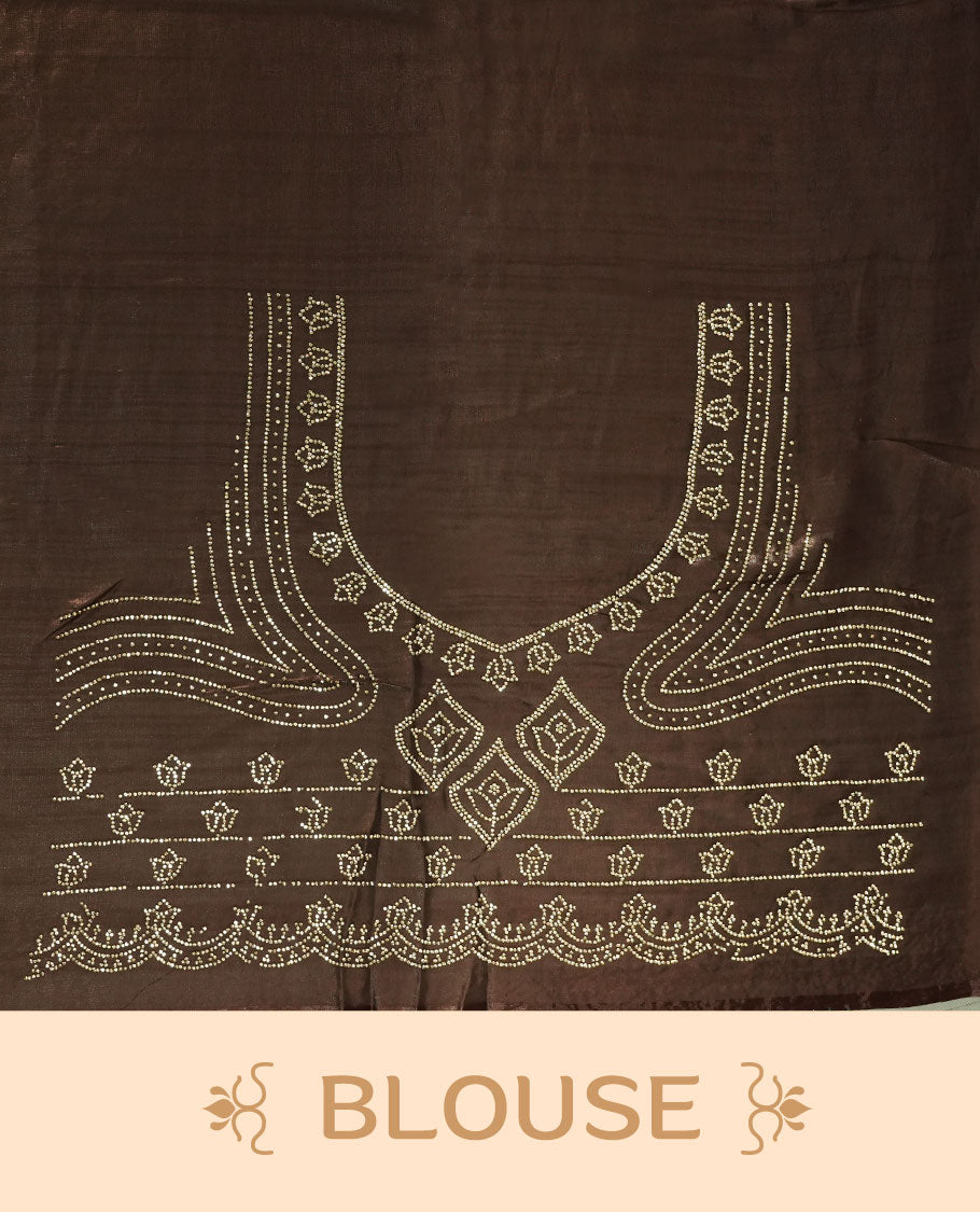 Dark Brown colour net shimmer fancy saree with a plain body, paired with a delicate stone worked border, with matching blouse