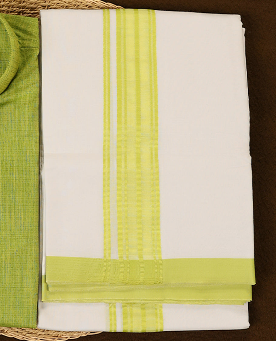 Lime green short kurta and white dhoti set featuring a matching lime green zari border designed for a vibrant and traditional look perfect for festive and cultural celebrations