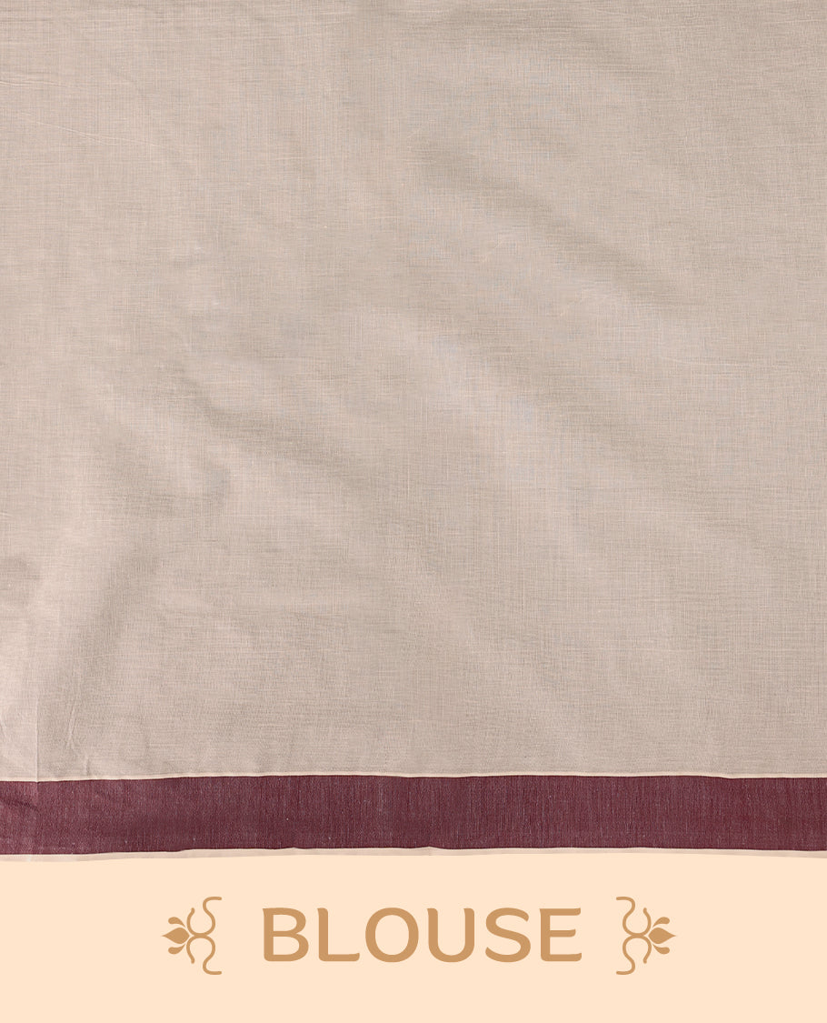 Elegant off white colour cotton Kerala saree featuring Plain body, deep Maroon colour border with temple designs, Paired with matching blouse offering a classic and graceful look, paired with a matching blouse.