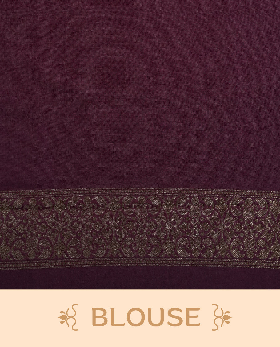 Wine Colour Semi Banarasi Katan Silk Saree with Gold Zari Buti Motifs, Traditional Gold Floral Pallu, Elaborate Woven Border, Decorative Tassels with Matching Blouse