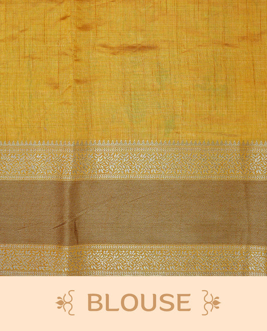 Cream colour semi Tussar silk saree featuring  Elegant body, Complemented by contrast Mustard with rich zari detailed for onam special, paired with contrast Blouse for Festive look.