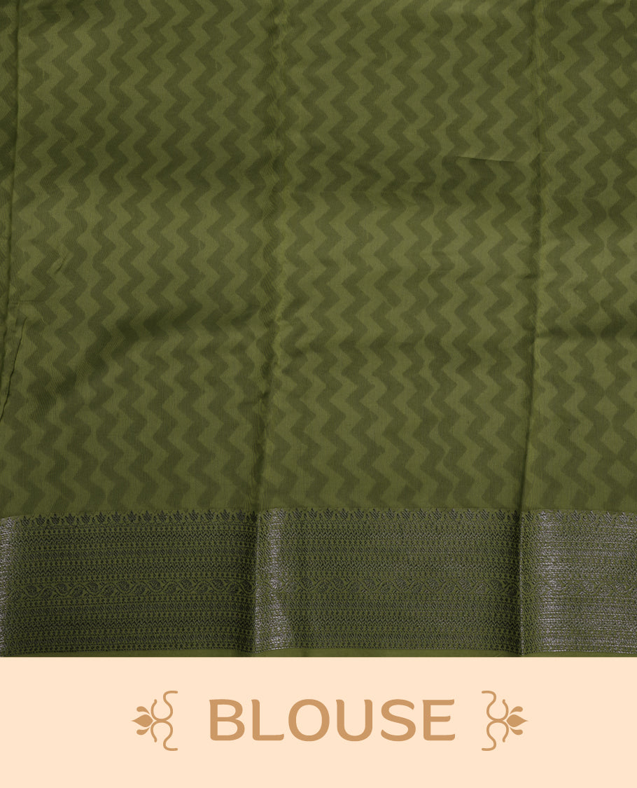 Olive colour chanderi silk saree with Floral block print On body, compilmented by  contrast dark green colour border with antique zari pattern and a matching blouse.