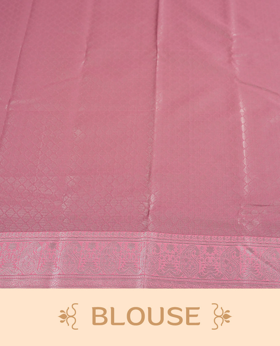 Silver Grey Colour Silk Saree with Self-Checked Geometric Patterns, Contrasting Pastel Pink Zari Woven Pallu and Border Featuring Floral Motifs and Tassels, Paired with Matching Blouse Piece