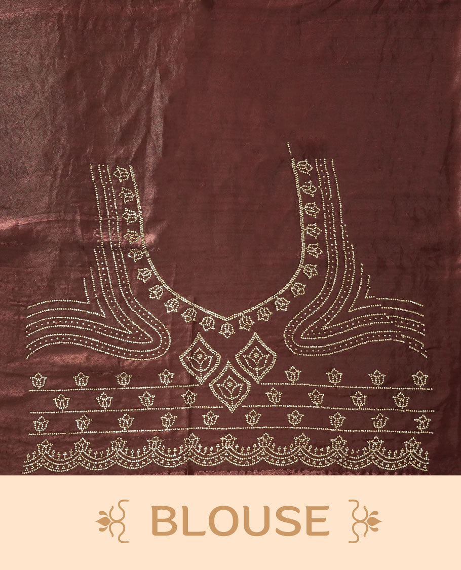 Chocolate Brown Colour shimmer fancy saree adorned  body, paired with a delicate with scattered gold stone worked border and matching blouse