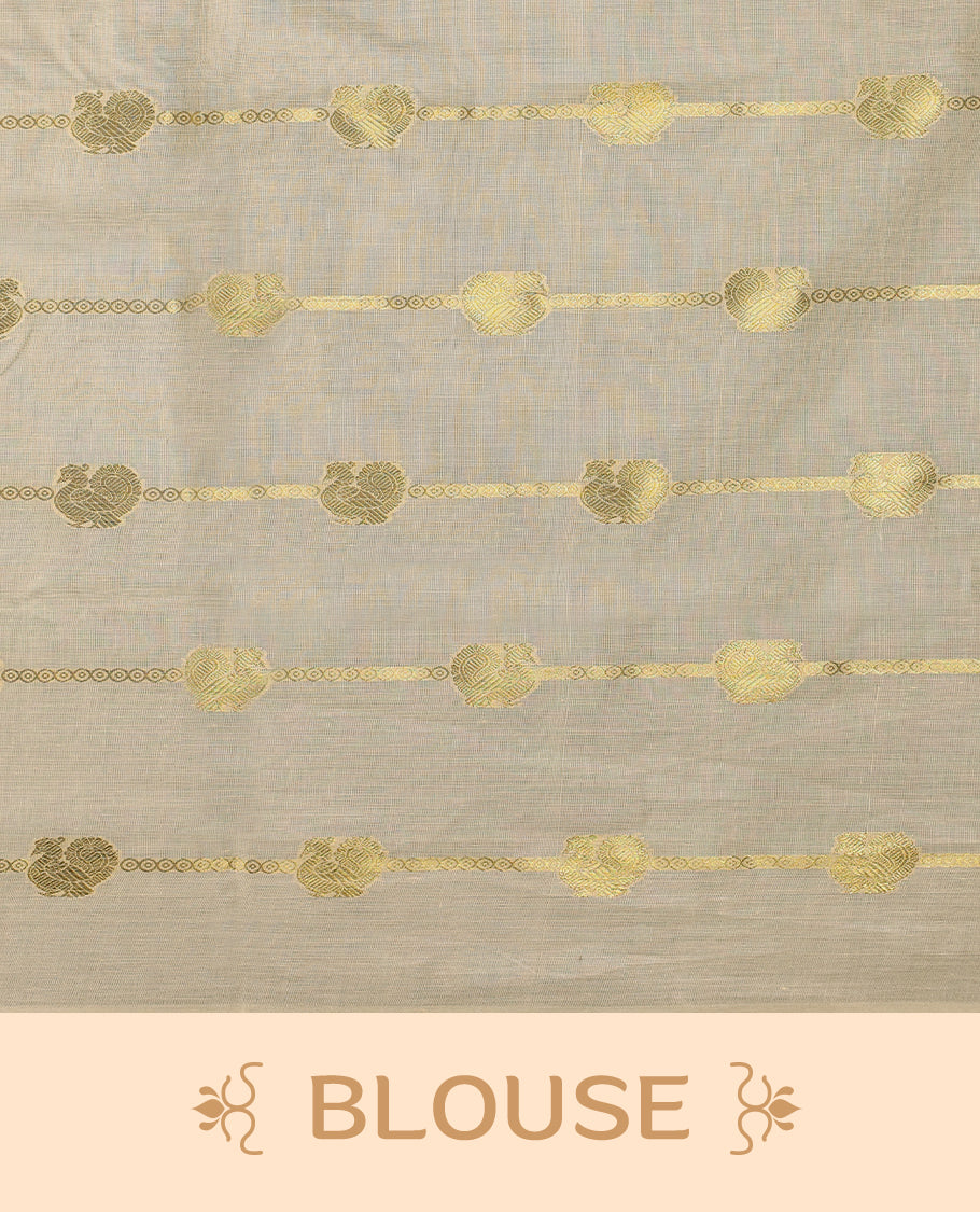 Light Gold colour Cotton Kerala saree featuring gold zari Stripes with peacock motifs on body, without border, paired with a matching blouse perfect for festive occasions.