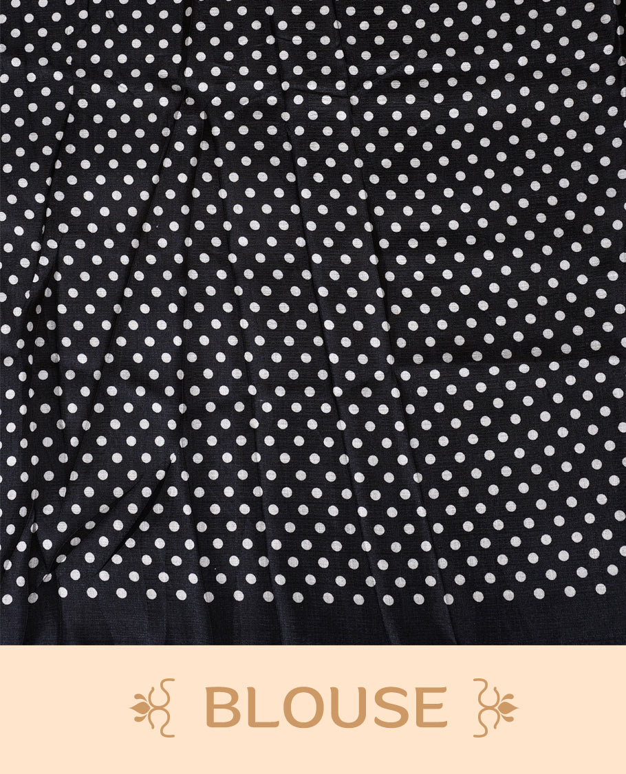 Black colour semi khadi silk saree adorned with yellow, green and magenta colour bold floral motifs across the body, designed without a border for a contemporary touch, and paired with a matching blouse.