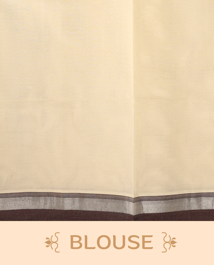 Classic off white colour cotton Kerala saree with elegant coffee brown and silver zari borders, exuding timeless charm. Paired with a matching blouse, perfect for traditional functions and cultural festivities.