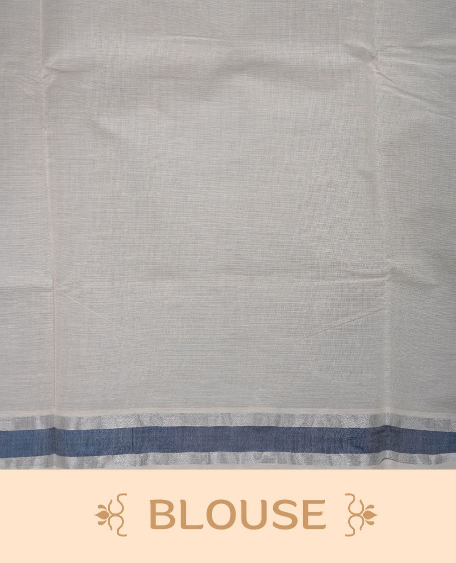 Off-white colour cotton Kerala saree highlighted with teal blue kasavu border, featuring a clean, minimalist body and a graceful flowing pallu, paired with a matching blouse.