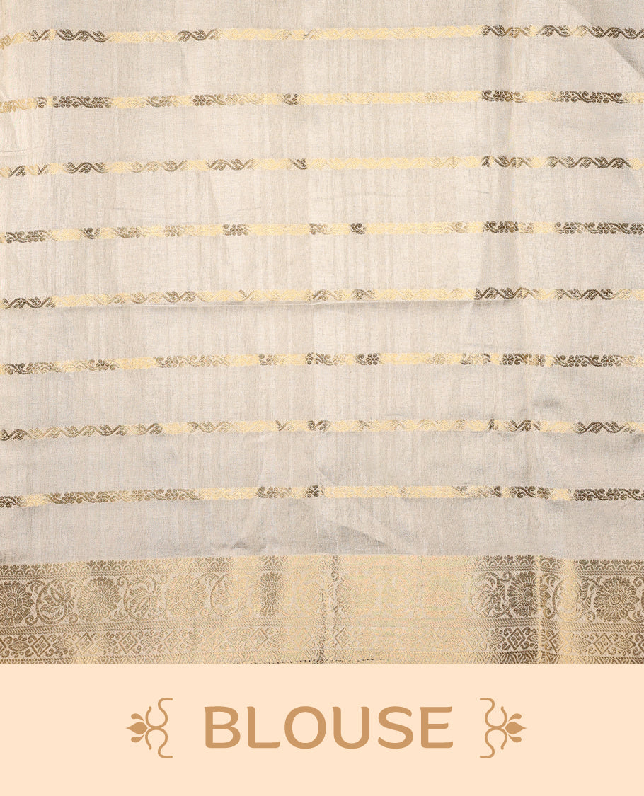 Elegant Off White colour Tussar Kerala saree featuring a Floral Kodi Stripes across body, muted gold zari banarasi Style border, and a striking Gold Zari woven Bold pallu, paired with a matching blouse.