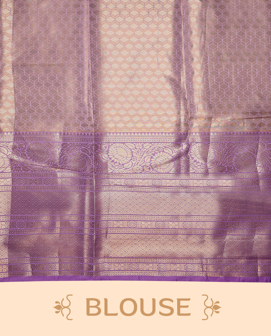 Gold colour tissue brocade saree with gold and silver zari pattern on body, gold zari traditional floral kodi work lavender border, rich matching pallu with Antique zari motifs, paired with matching blouse.